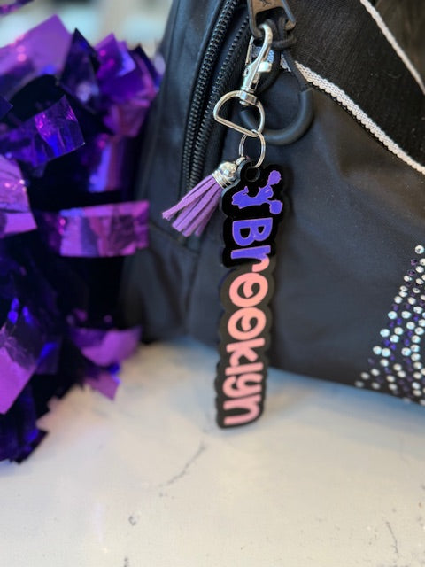 Custom Cheer Name Keychain or Name Tag- Black Acrylic with Holographic Vinyl