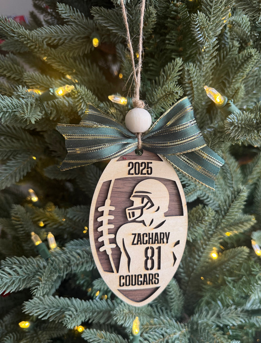 Personalized Football Ornament | Custom Player Gift | Laser Cut Wood Christmas Ornament