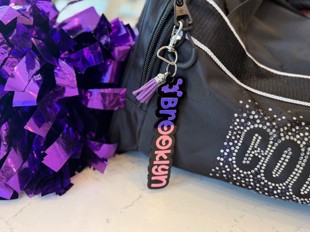 Custom Cheer Name Keychain or Name Tag- Black Acrylic with Holographic Vinyl