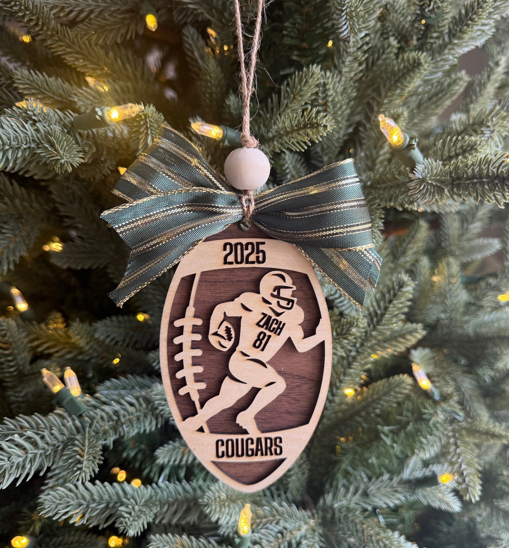 Personalized Football Ornament | Custom Player Gift | Laser Cut Wood Christmas Ornament