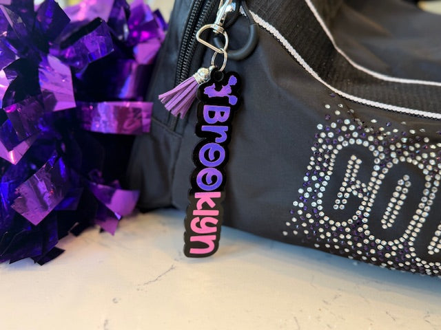 Custom Cheer Name Keychain or Name Tag- Black Acrylic with Holographic Vinyl